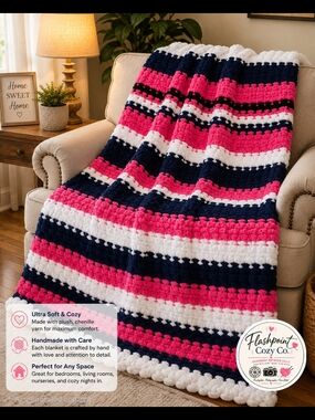 Handmade Chenille Stripe Throw Blanket - Pink, Navy, White